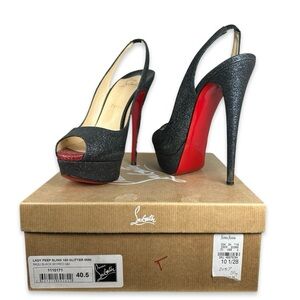 Christian Louboutin Lady Peep Slingback 40.5 Black Red Glitter Mini